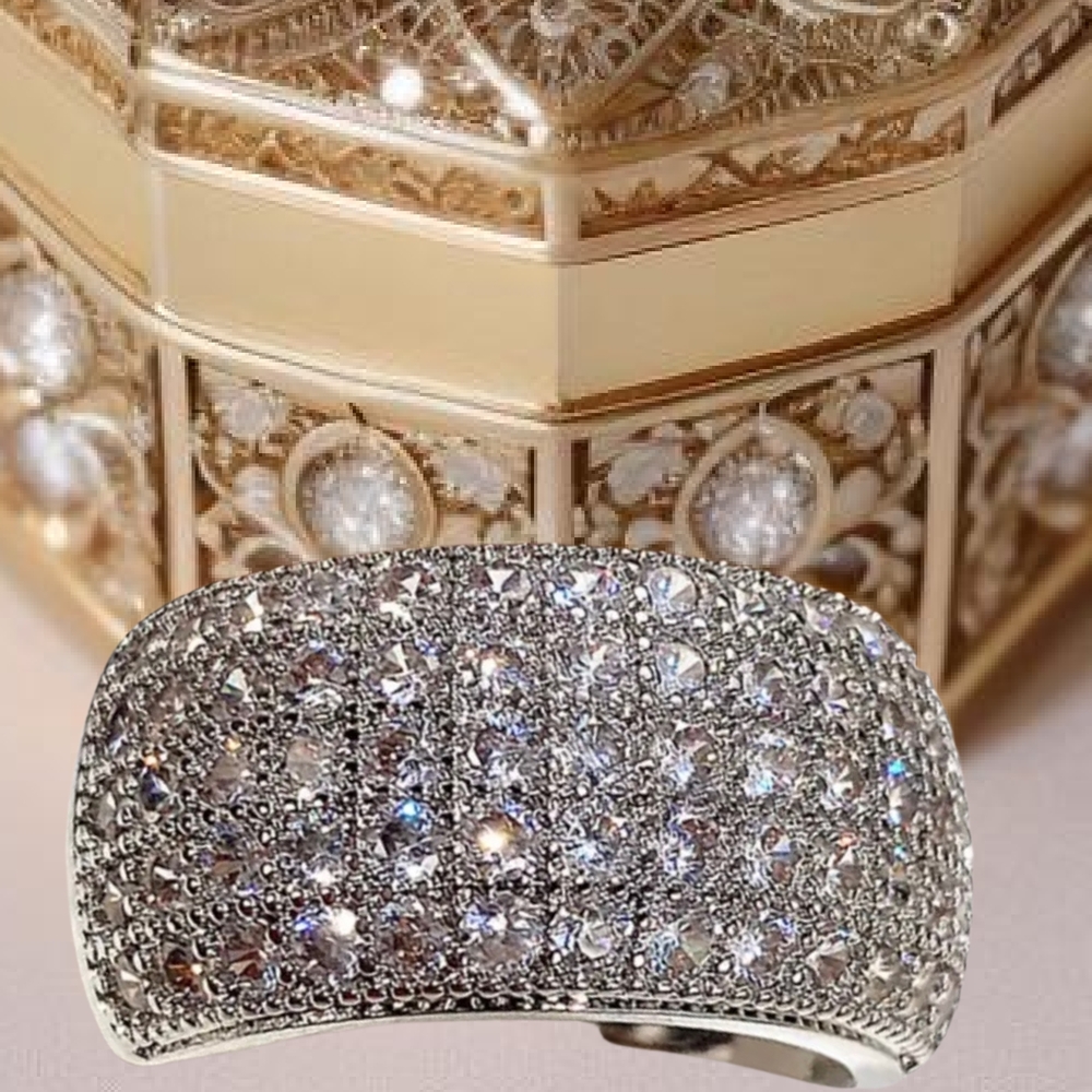 Pave Crystal Wide Silver Band Ring - Sparkling Clear Stones